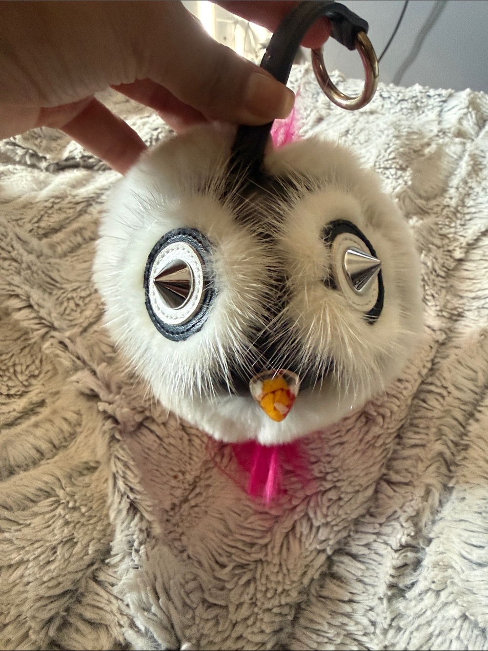 Fur Owl Keychain Bag Charm - White with Hot Pink Accent